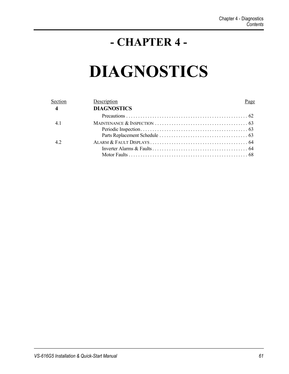 Diagnostics, Chapter 4 | Yaskawa VS-616G5 Series Revision F Quick-Start User Manual | Page 64 / 117