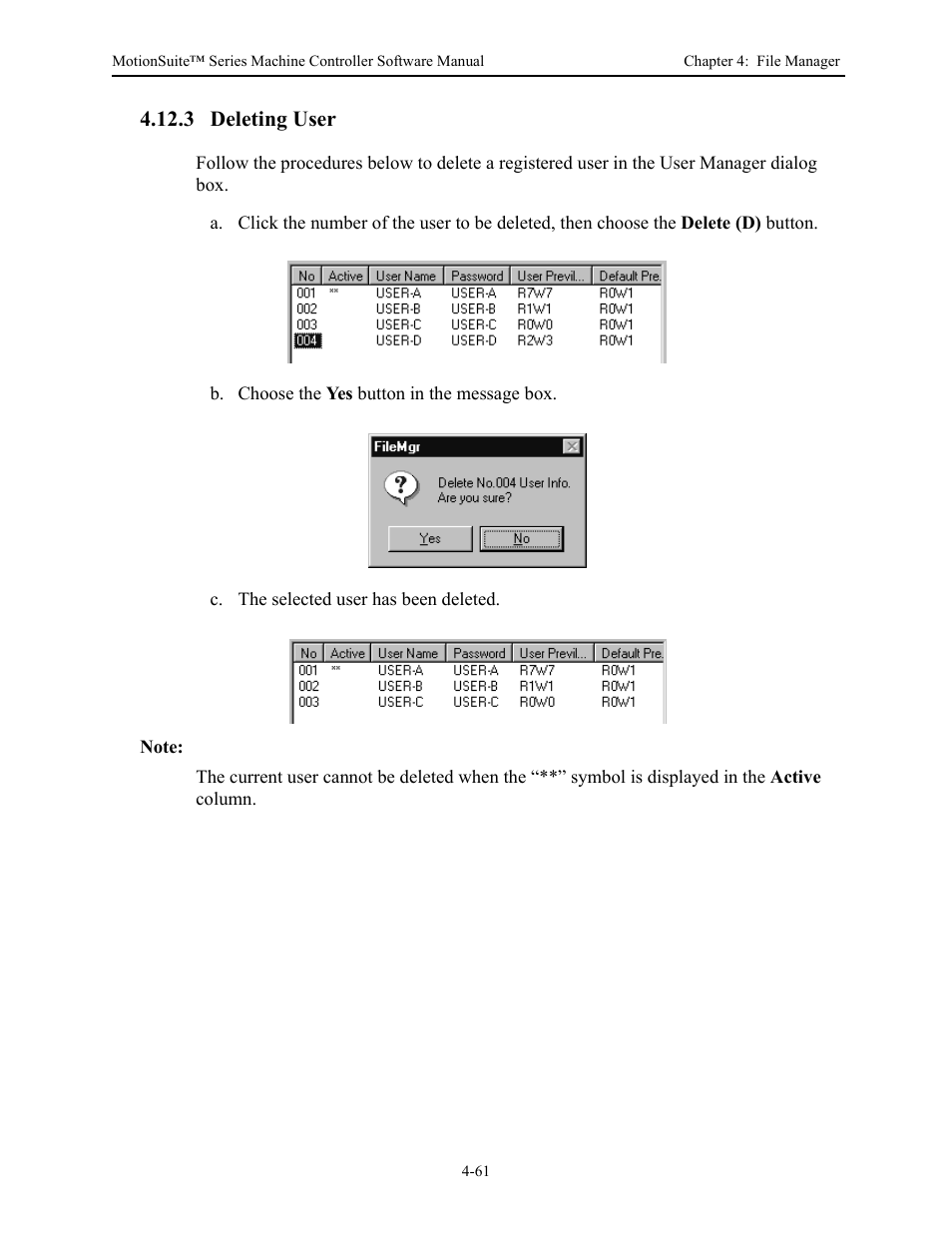 3 deleting user | Yaskawa MotionSuite Series Machine Controller Software Manual User Manual | Page 118 / 461