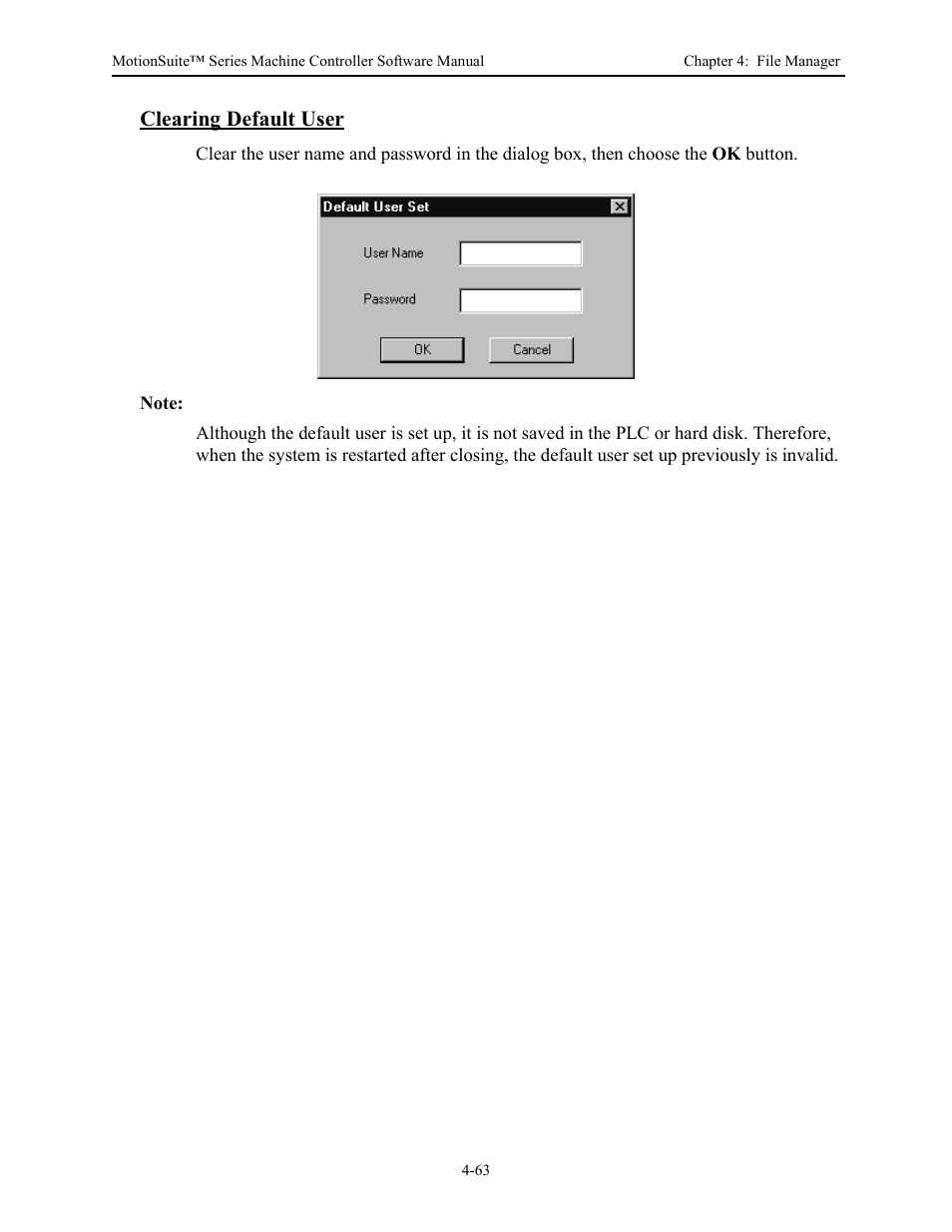 Clearing default user | Yaskawa MotionSuite Series Machine Controller Software Manual User Manual | Page 120 / 461