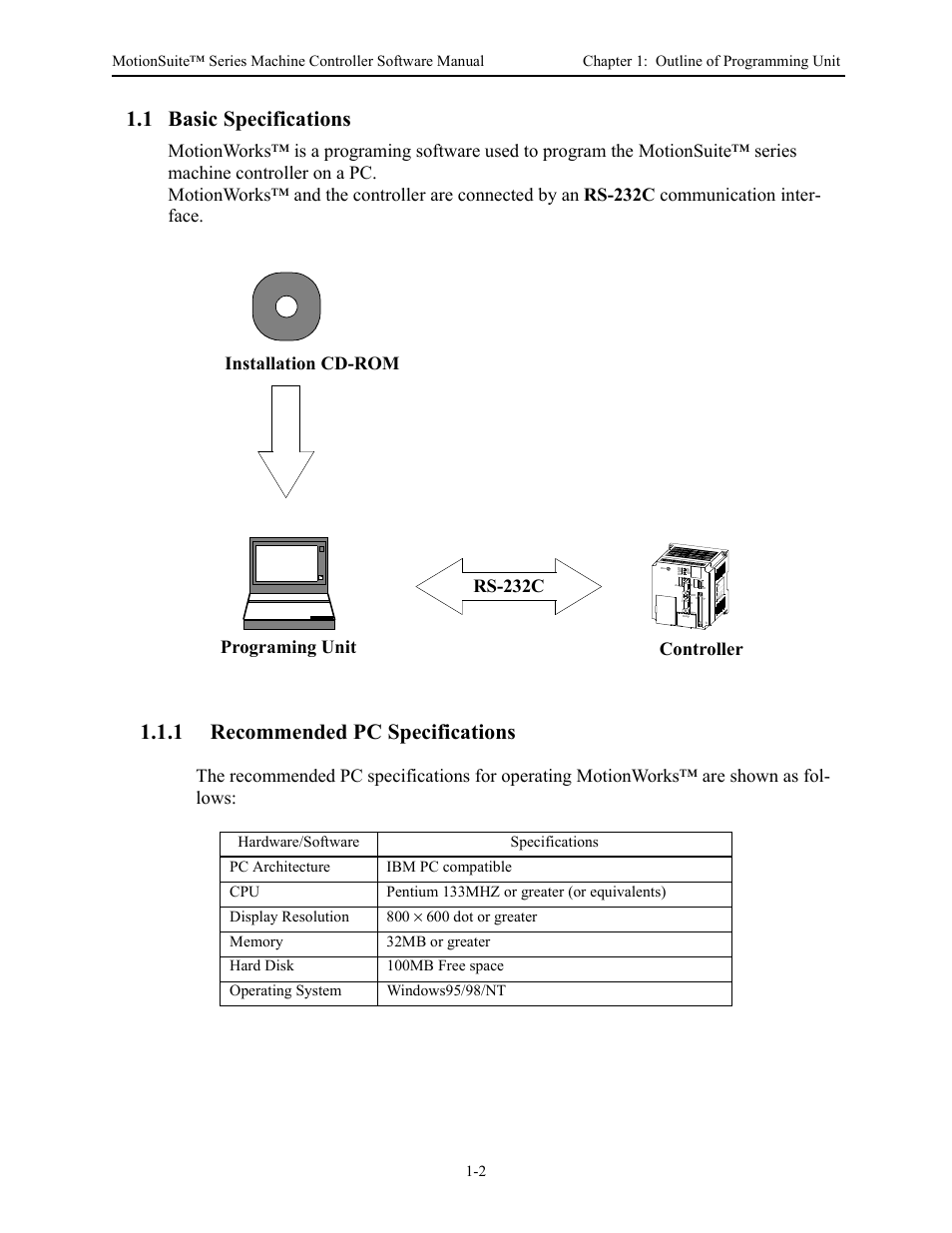 1 basic specifications, 1 recommended pc specifications | Yaskawa MotionSuite Series Machine Controller Software Manual User Manual | Page 13 / 461