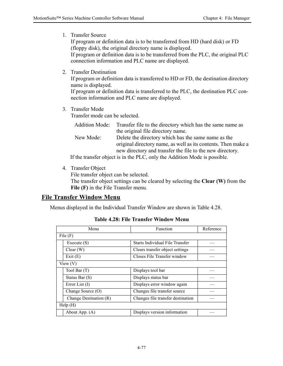 File transfer window menu | Yaskawa MotionSuite Series Machine Controller Software Manual User Manual | Page 134 / 461