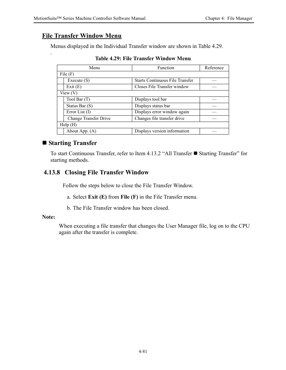 File transfer window menu, Starting transfer, 8 closing file transfer window | Yaskawa MotionSuite Series Machine Controller Software Manual User Manual | Page 138 / 461