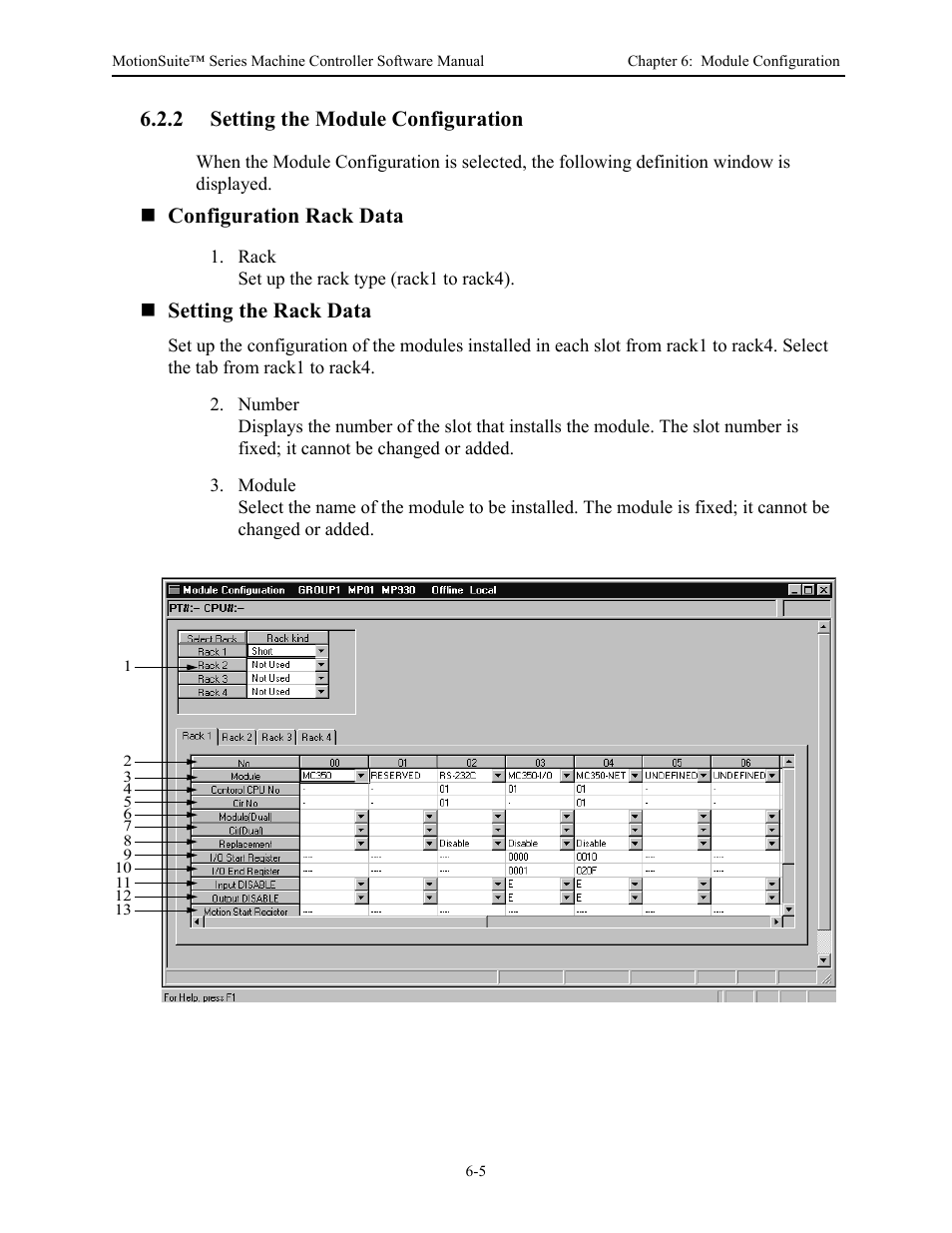 2 setting the module configuration, Configuration rack data, Setting the rack data | Yaskawa MotionSuite Series Machine Controller Software Manual User Manual | Page 149 / 461