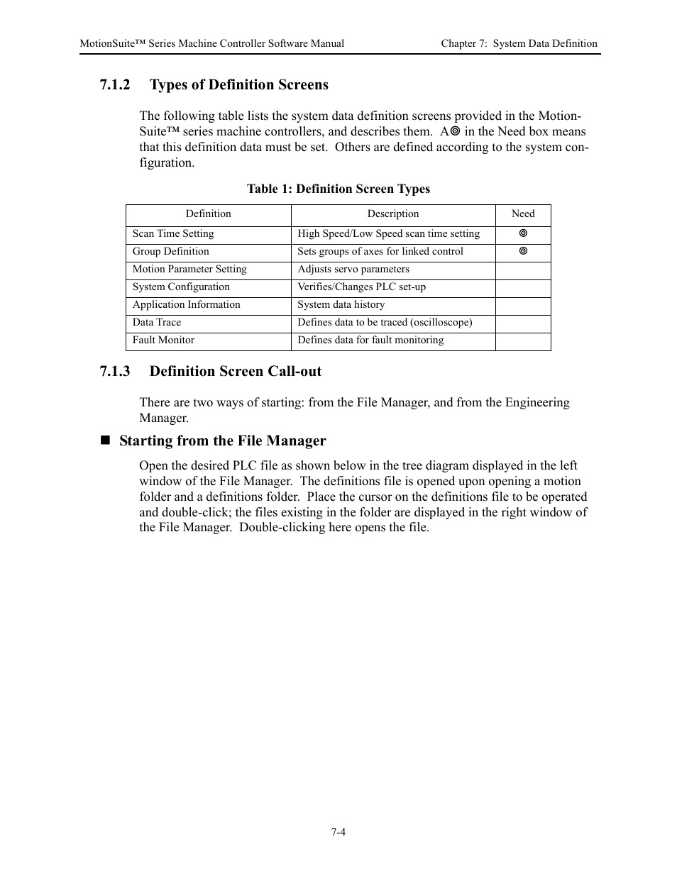 2 types of definition screens, 3 definition screen call-out, Starting from the file manager | Yaskawa MotionSuite Series Machine Controller Software Manual User Manual | Page 177 / 461