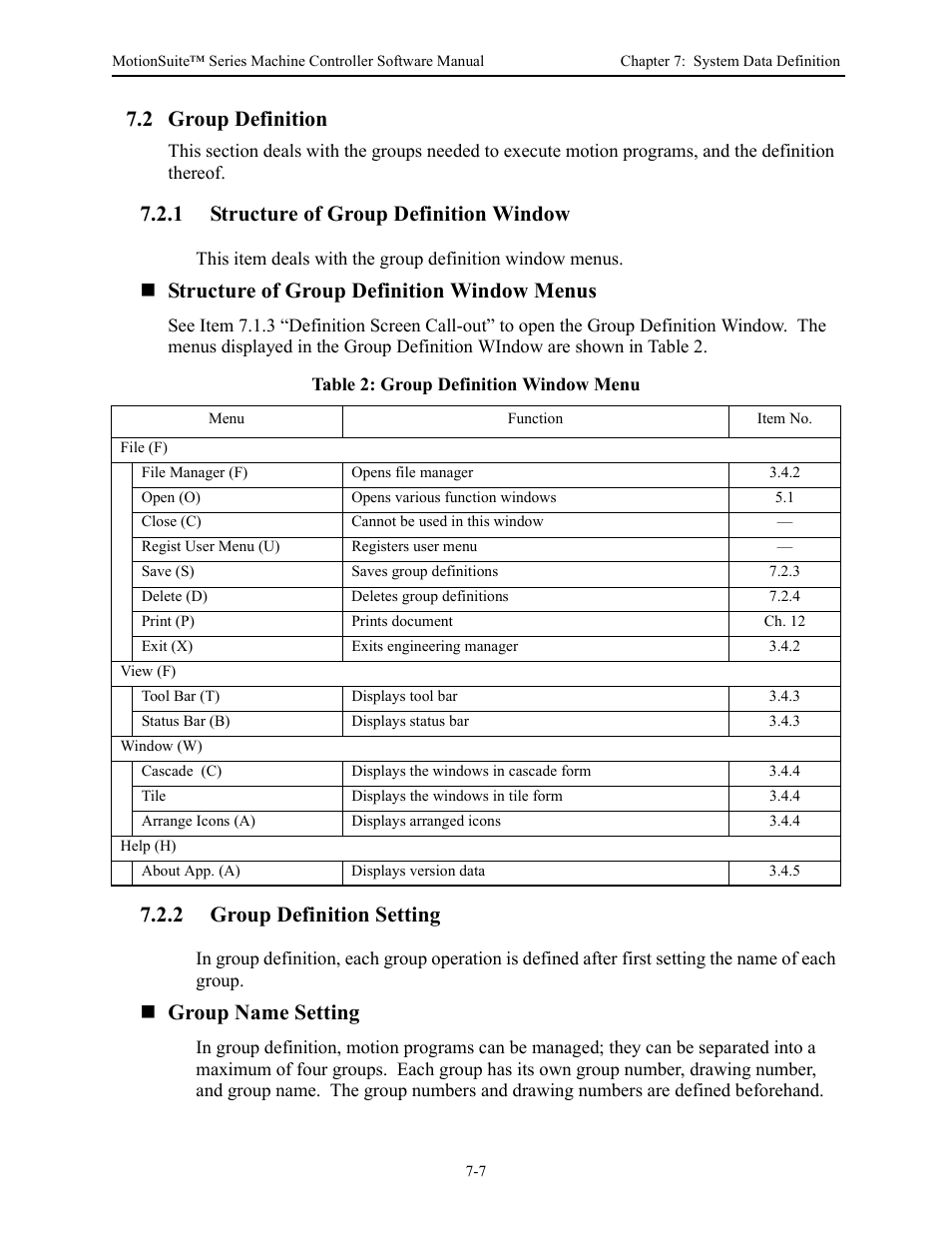 2 group definition, 1 structure of group definition window, Structure of group definition window menus | 2 group definition setting, Group name setting | Yaskawa MotionSuite Series Machine Controller Software Manual User Manual | Page 180 / 461