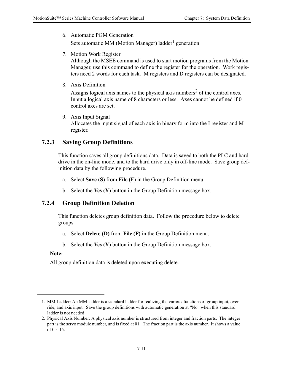 3 saving group definitions, 4 group definition deletion | Yaskawa MotionSuite Series Machine Controller Software Manual User Manual | Page 184 / 461