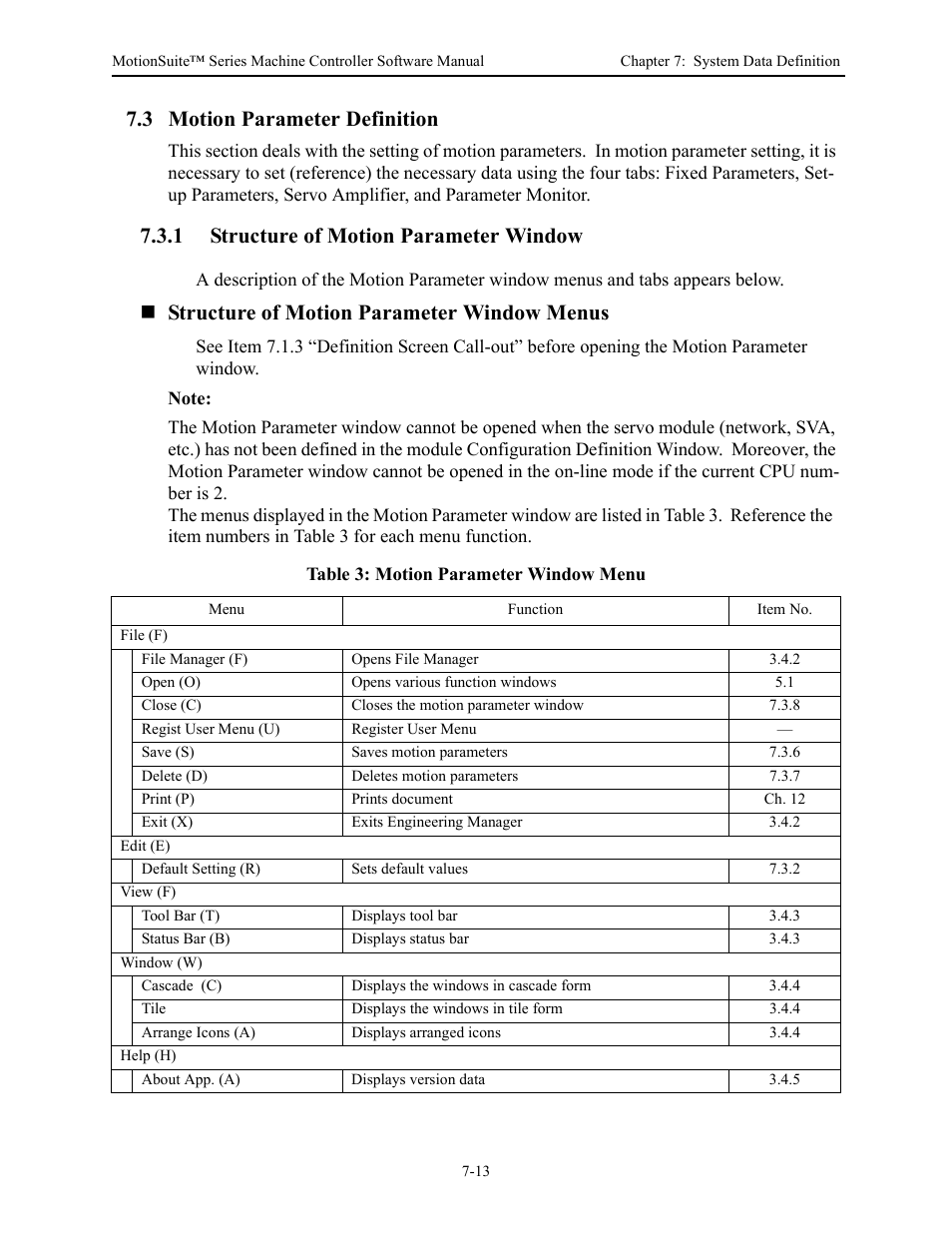 3 motion parameter definition, 1 structure of motion parameter window, Structure of motion parameter window menus | Yaskawa MotionSuite Series Machine Controller Software Manual User Manual | Page 186 / 461