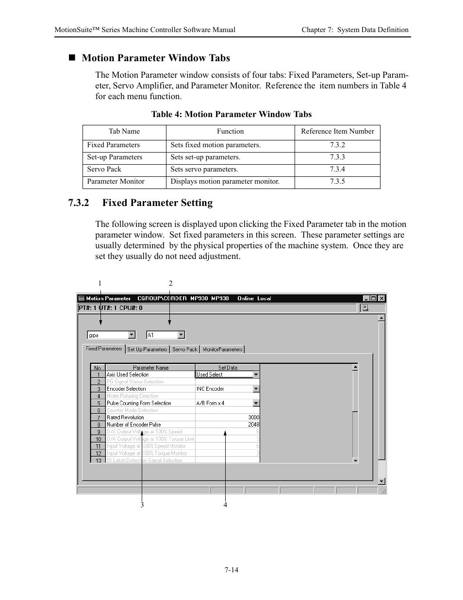 Motion parameter window tabs, 2 fixed parameter setting | Yaskawa MotionSuite Series Machine Controller Software Manual User Manual | Page 187 / 461
