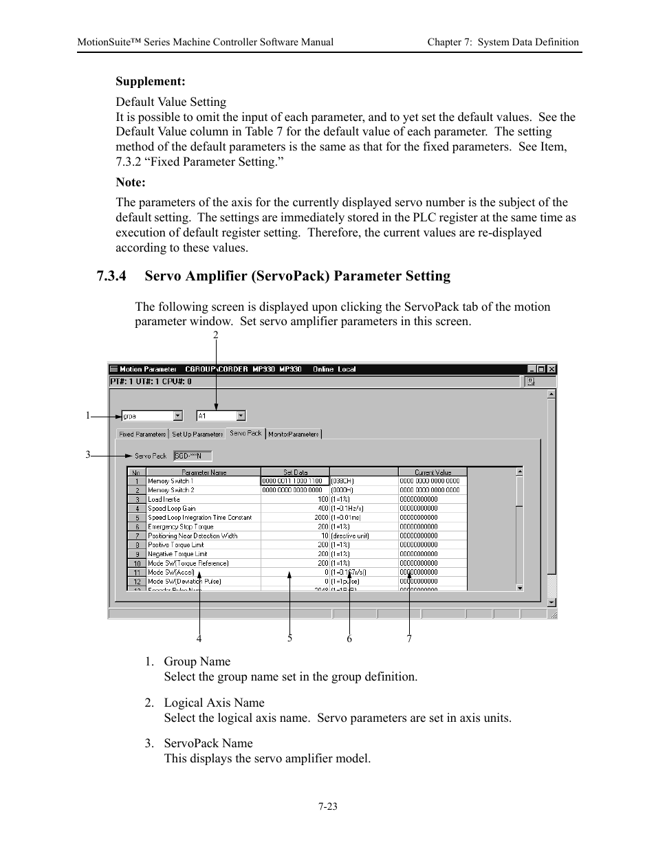 4 servo amplifier (servopack) parameter setting | Yaskawa MotionSuite Series Machine Controller Software Manual User Manual | Page 196 / 461