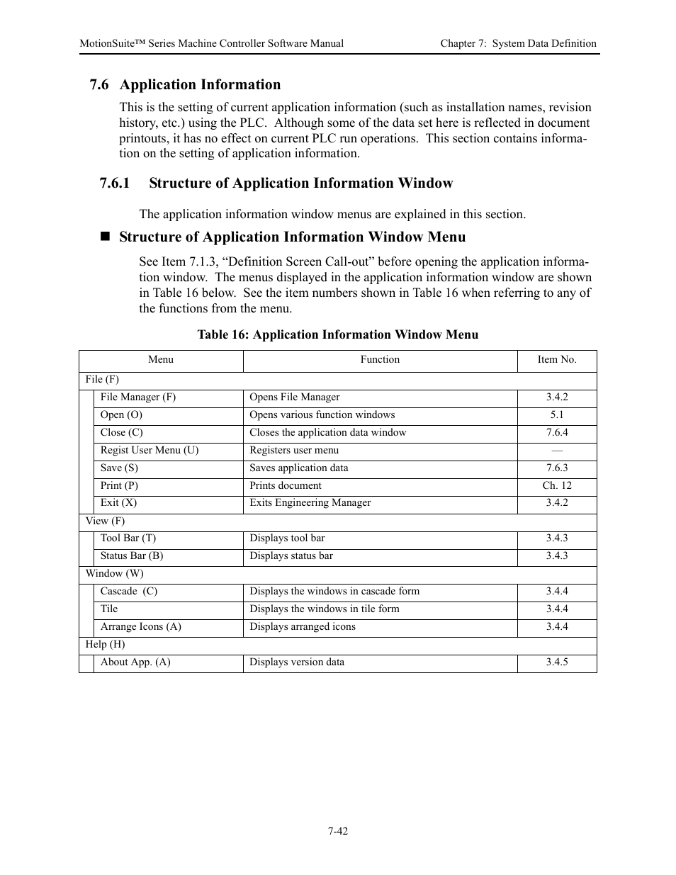 6 application information, 1 structure of application information window, Structure of application information window menu | Yaskawa MotionSuite Series Machine Controller Software Manual User Manual | Page 215 / 461