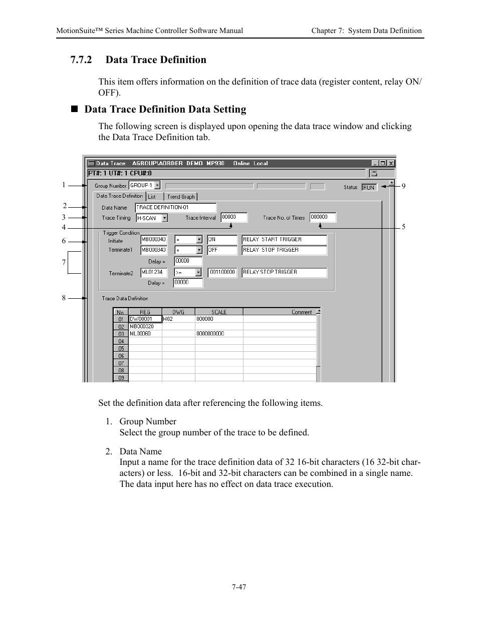 2 data trace definition, Data trace definition data setting | Yaskawa MotionSuite Series Machine Controller Software Manual User Manual | Page 220 / 461