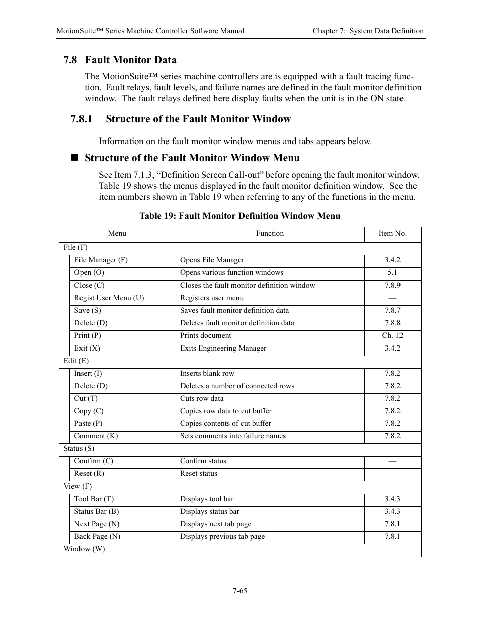 8 fault monitor data, 1 structure of the fault monitor window, Structure of the fault monitor window menu | Yaskawa MotionSuite Series Machine Controller Software Manual User Manual | Page 238 / 461