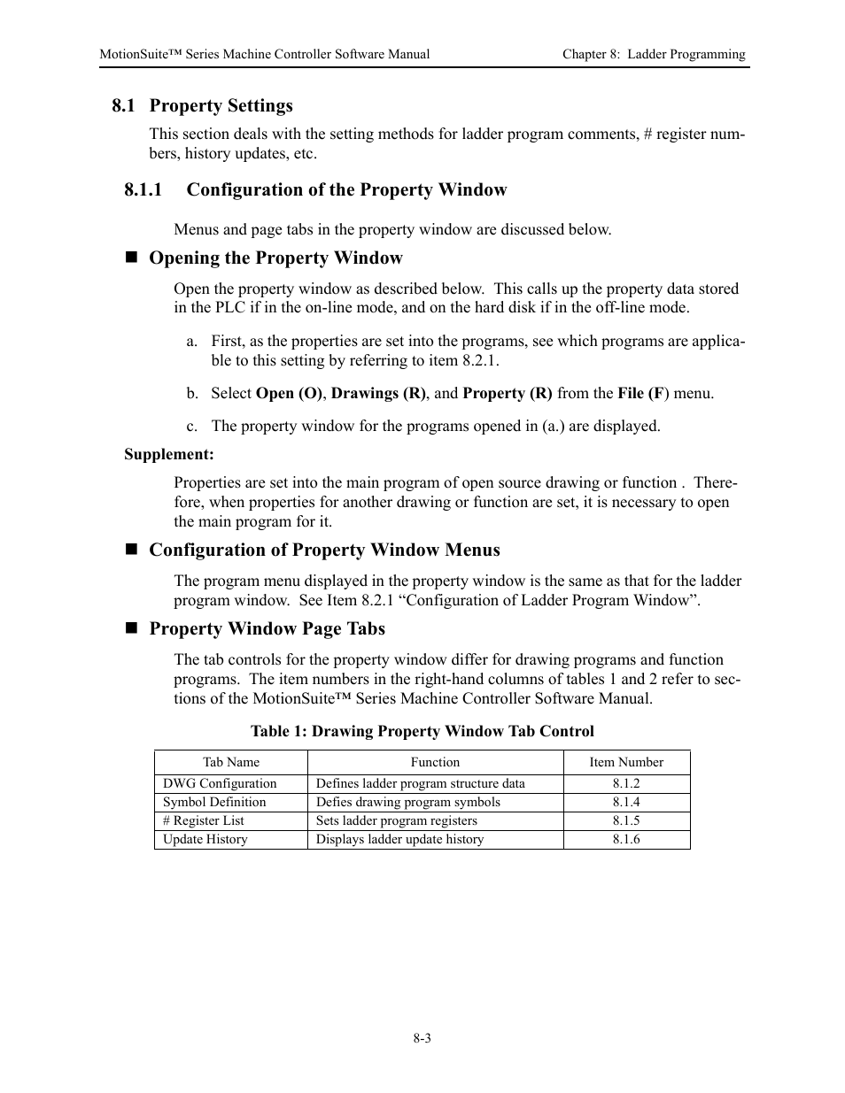 1 property settings, 1 configuration of the property window, Opening the property window | Configuration of property window menus, Property window page tabs | Yaskawa MotionSuite Series Machine Controller Software Manual User Manual | Page 251 / 461