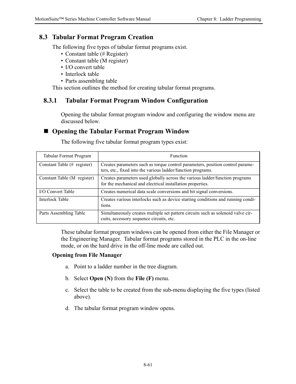 3 tabular format program creation, 1 tabular format program window configuration, Opening the tabular format program window | Yaskawa MotionSuite Series Machine Controller Software Manual User Manual | Page 309 / 461