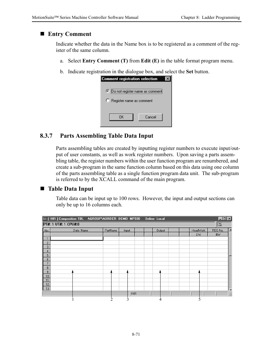 Entry comment, 7 parts assembling table data input, Table data input | Yaskawa MotionSuite Series Machine Controller Software Manual User Manual | Page 319 / 461
