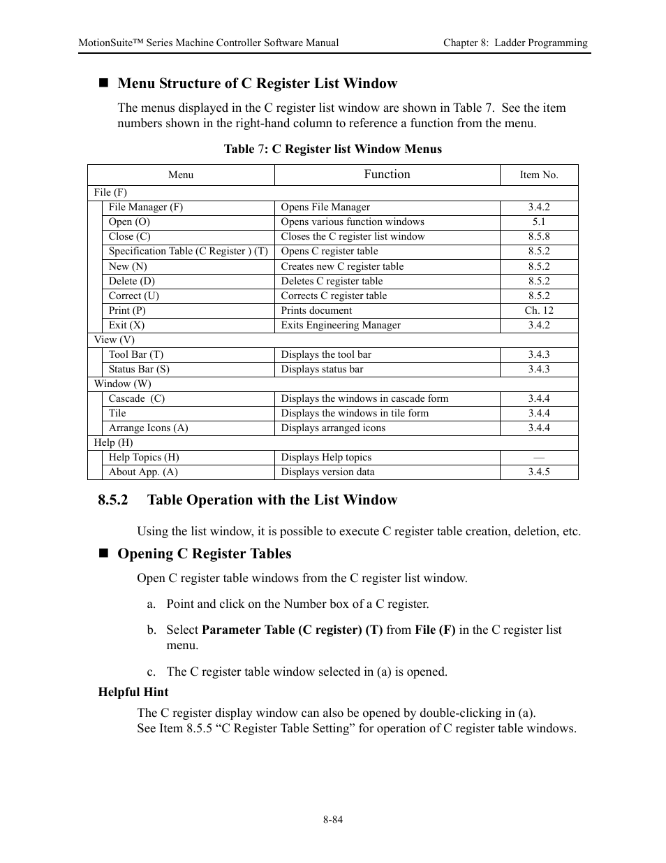 Menu structure of c register list window, 2 table operation with the list window, Opening c register tables | Yaskawa MotionSuite Series Machine Controller Software Manual User Manual | Page 332 / 461