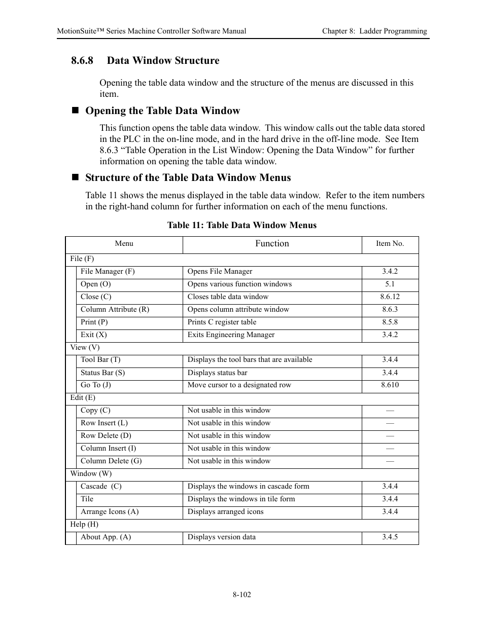 8 data window structure, Opening the table data window, Structure of the table data window menus | Yaskawa MotionSuite Series Machine Controller Software Manual User Manual | Page 350 / 461