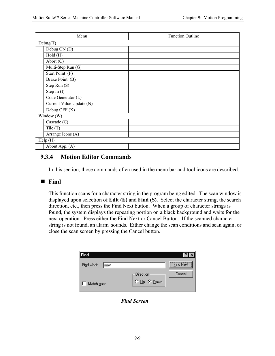 4 motion editor commands, Find | Yaskawa MotionSuite Series Machine Controller Software Manual User Manual | Page 361 / 461