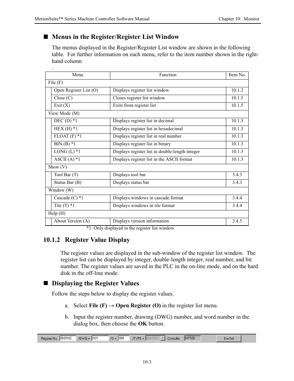 Menus in the register/register list window, 2 register value display, Displaying the register values | Yaskawa MotionSuite Series Machine Controller Software Manual User Manual | Page 377 / 461