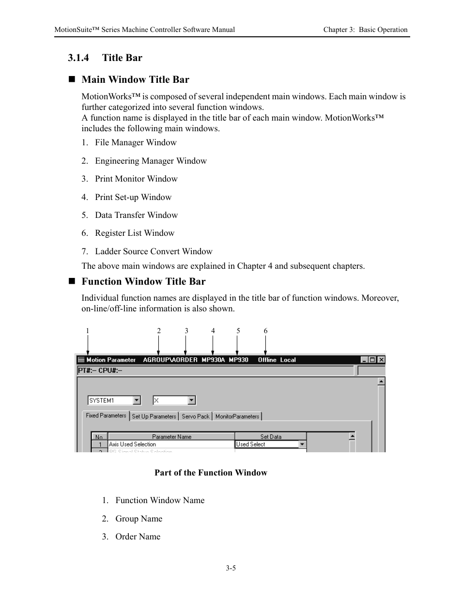 4 title bar main window title bar, Function window title bar | Yaskawa MotionSuite Series Machine Controller Software Manual User Manual | Page 38 / 461