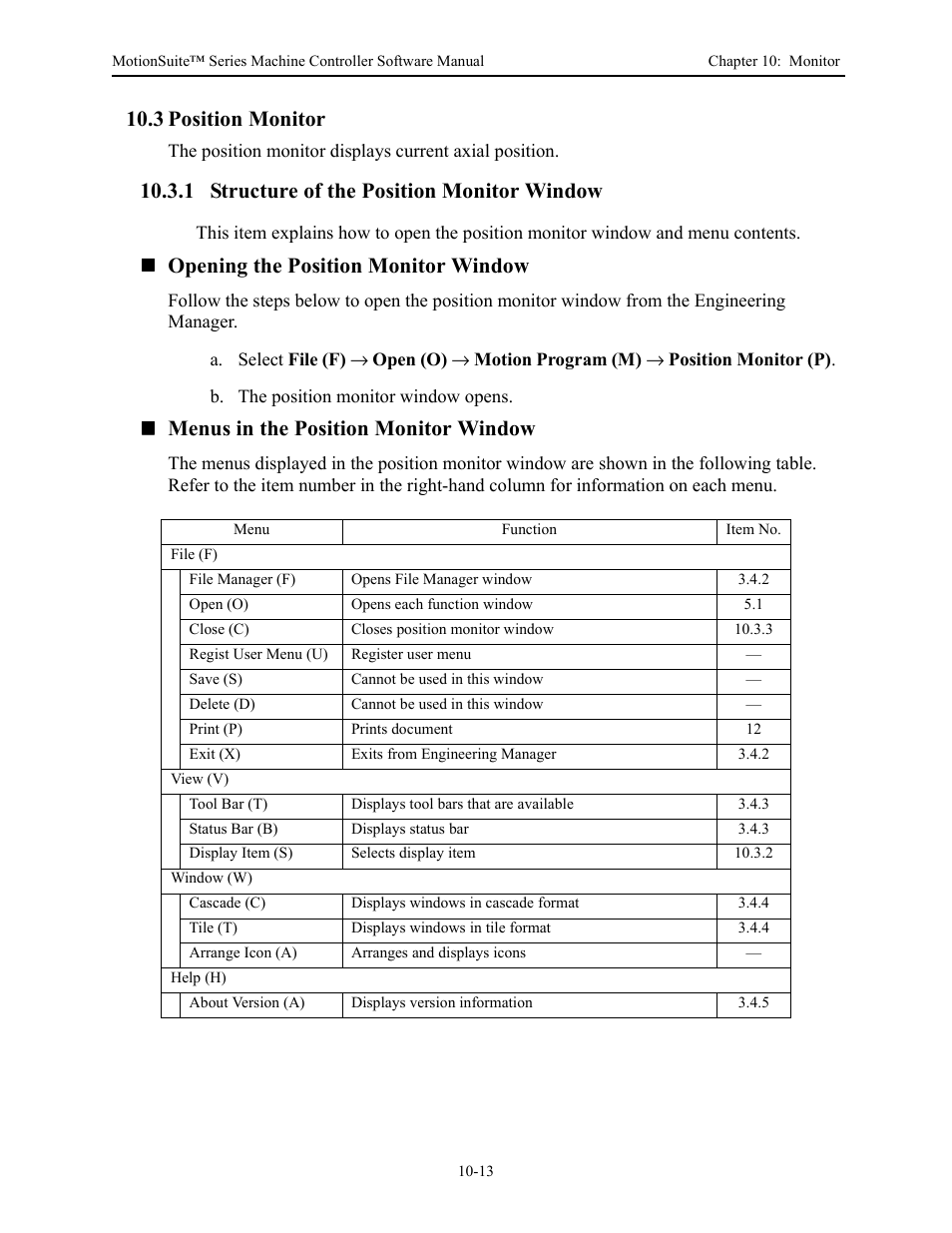 3 position monitor, 1 structure of the position monitor window, Opening the position monitor window | Menus in the position monitor window | Yaskawa MotionSuite Series Machine Controller Software Manual User Manual | Page 387 / 461