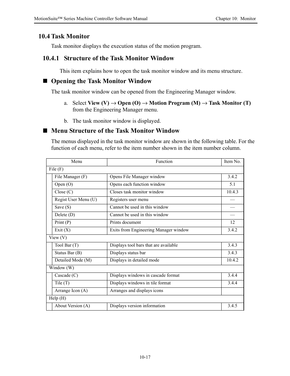 4 task monitor, 1 structure of the task monitor window, Opening the task monitor window | Menu structure of the task monitor window | Yaskawa MotionSuite Series Machine Controller Software Manual User Manual | Page 391 / 461