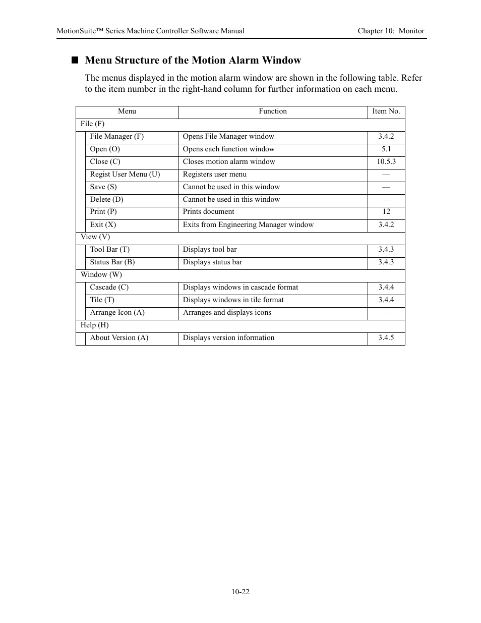Menu structure of the motion alarm window | Yaskawa MotionSuite Series Machine Controller Software Manual User Manual | Page 396 / 461