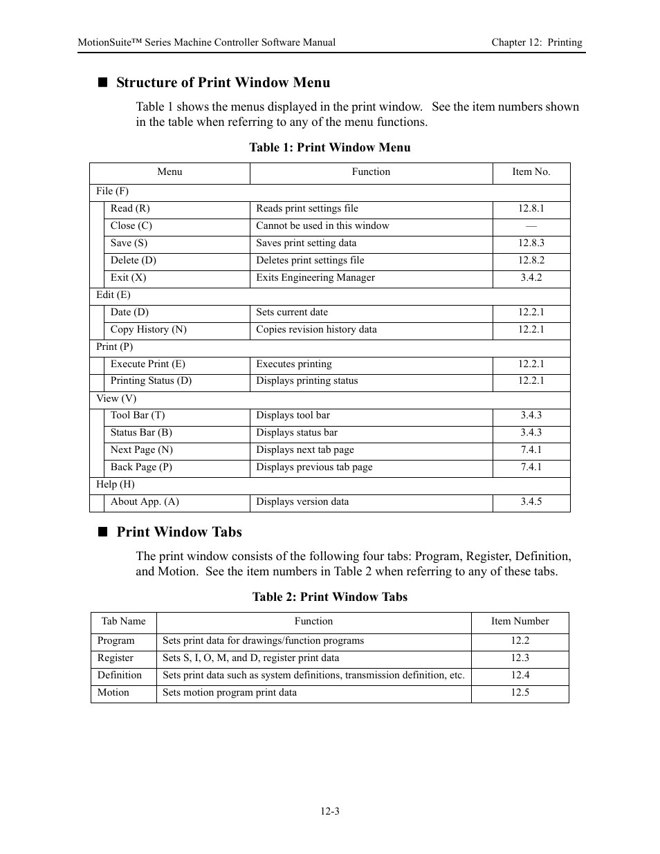 Structure of print window menu, Print window tabs | Yaskawa MotionSuite Series Machine Controller Software Manual User Manual | Page 423 / 461