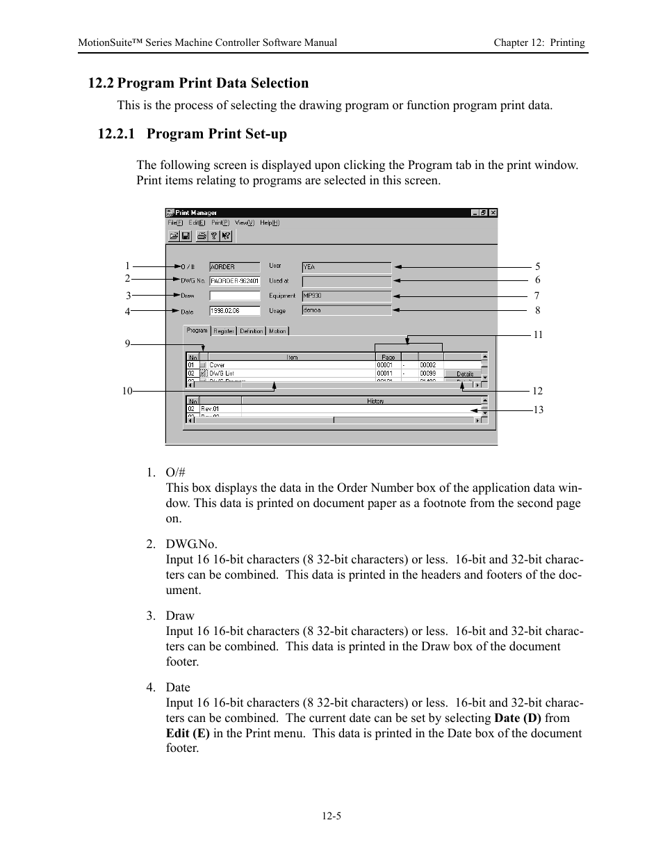 2 program print data selection, 1 program print set-up | Yaskawa MotionSuite Series Machine Controller Software Manual User Manual | Page 425 / 461