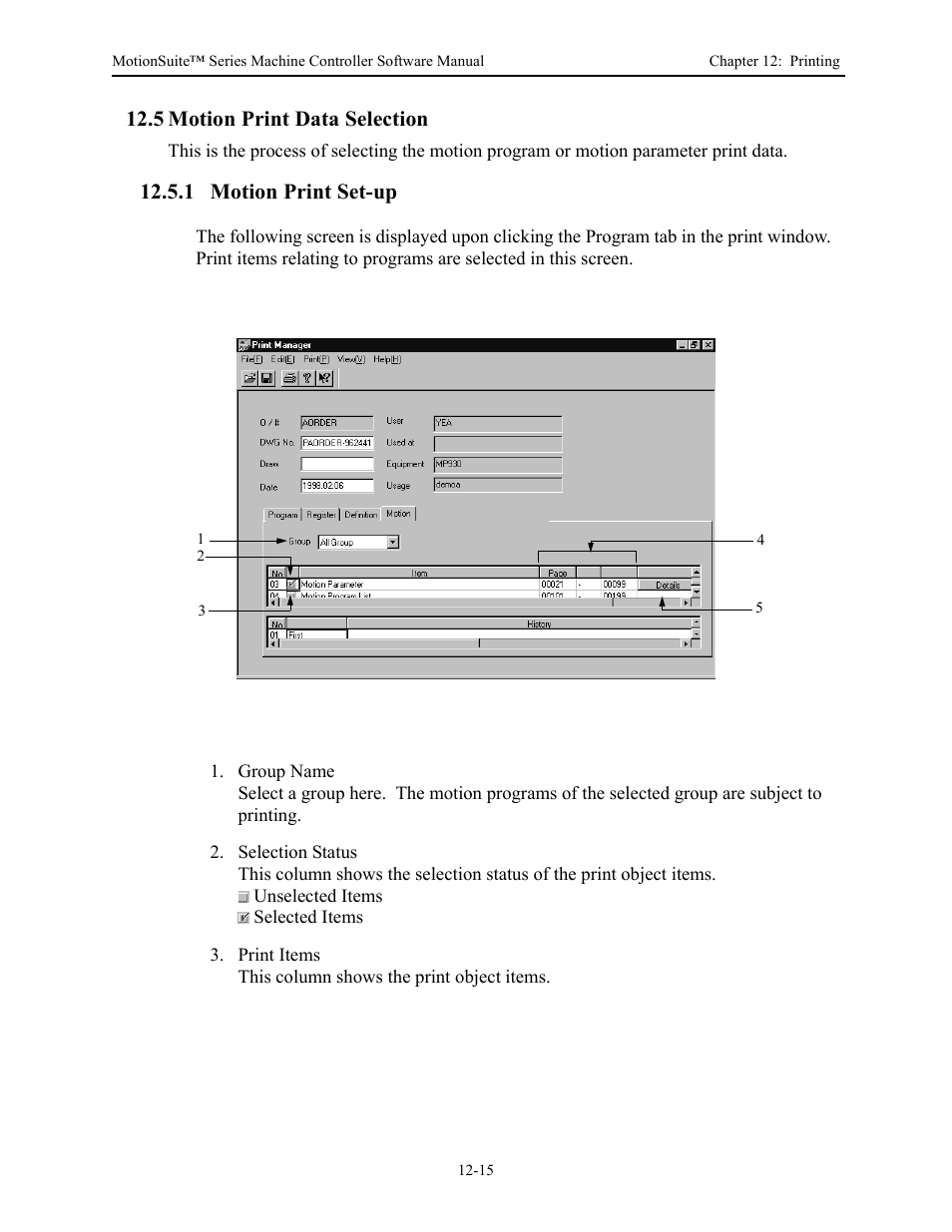 5 motion print data selection, 1 motion print set-up | Yaskawa MotionSuite Series Machine Controller Software Manual User Manual | Page 435 / 461