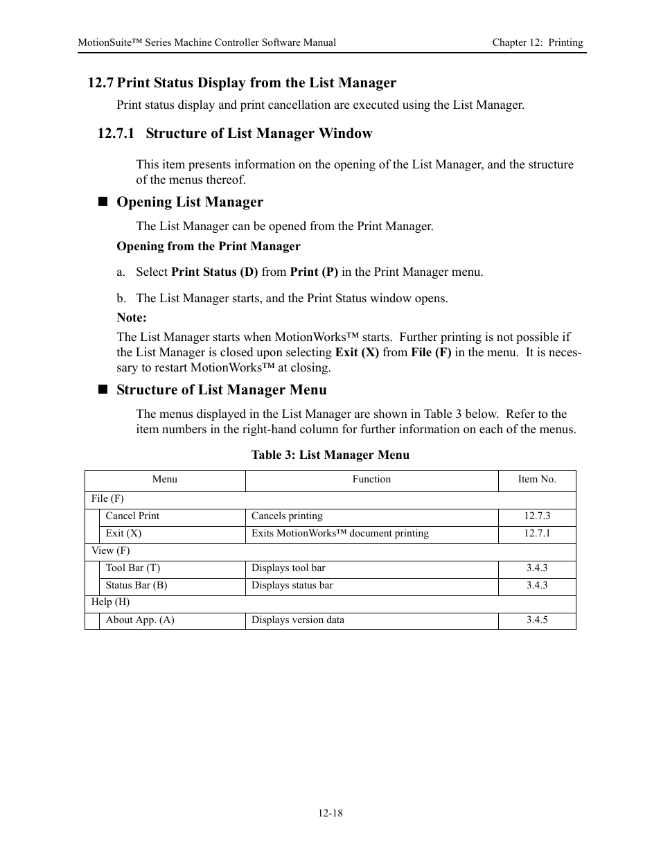 7 print status display from the list manager, 1 structure of list manager window, Opening list manager | Structure of list manager menu | Yaskawa MotionSuite Series Machine Controller Software Manual User Manual | Page 438 / 461