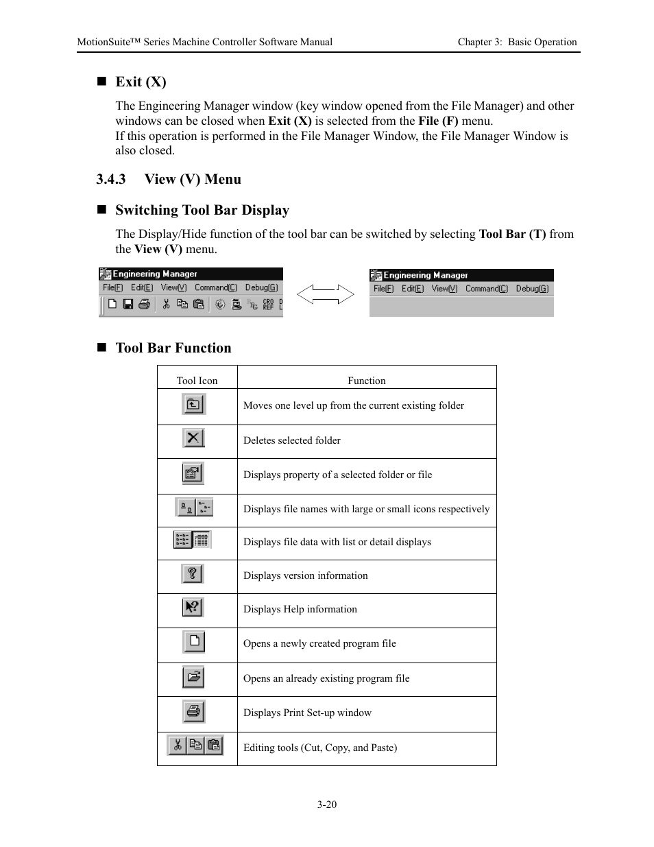 Exit (x), 3 view (v) menu switching tool bar display, Tool bar function | Yaskawa MotionSuite Series Machine Controller Software Manual User Manual | Page 53 / 461