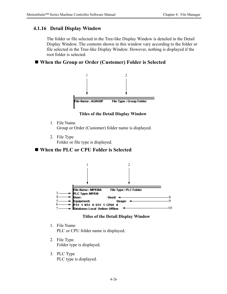 16 detail display window, When the plc or cpu folder is selected | Yaskawa MotionSuite Series Machine Controller Software Manual User Manual | Page 83 / 461