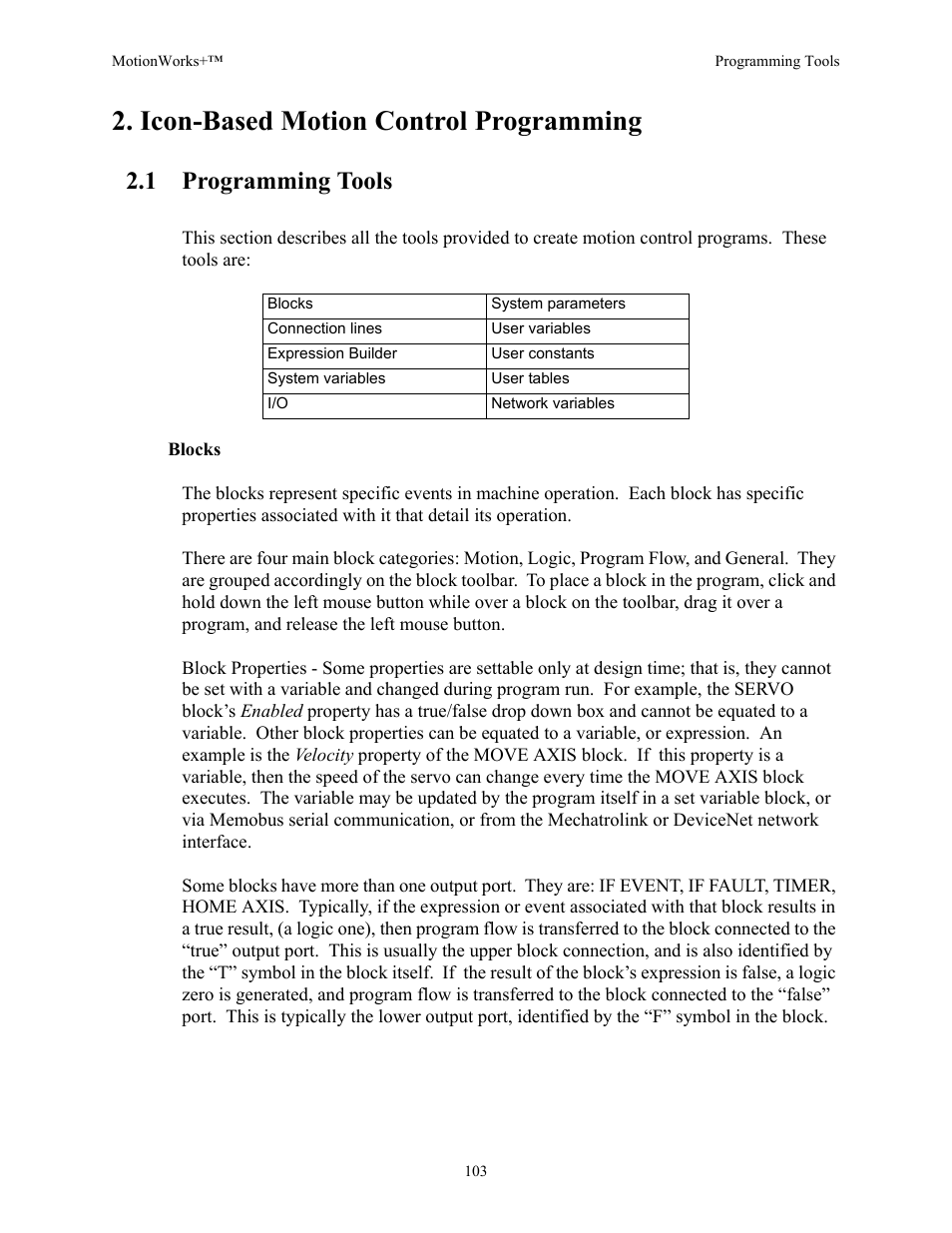 Icon-based motion control programming, 1 programming tools | Yaskawa MotionWorks+ Windows Software User Manual | Page 109 / 235