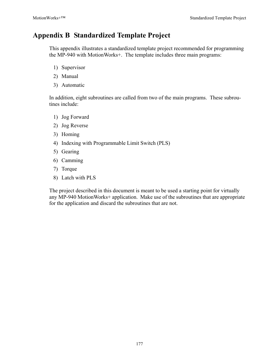 Appendix b standardized template project | Yaskawa MotionWorks+ Windows Software User Manual | Page 183 / 235