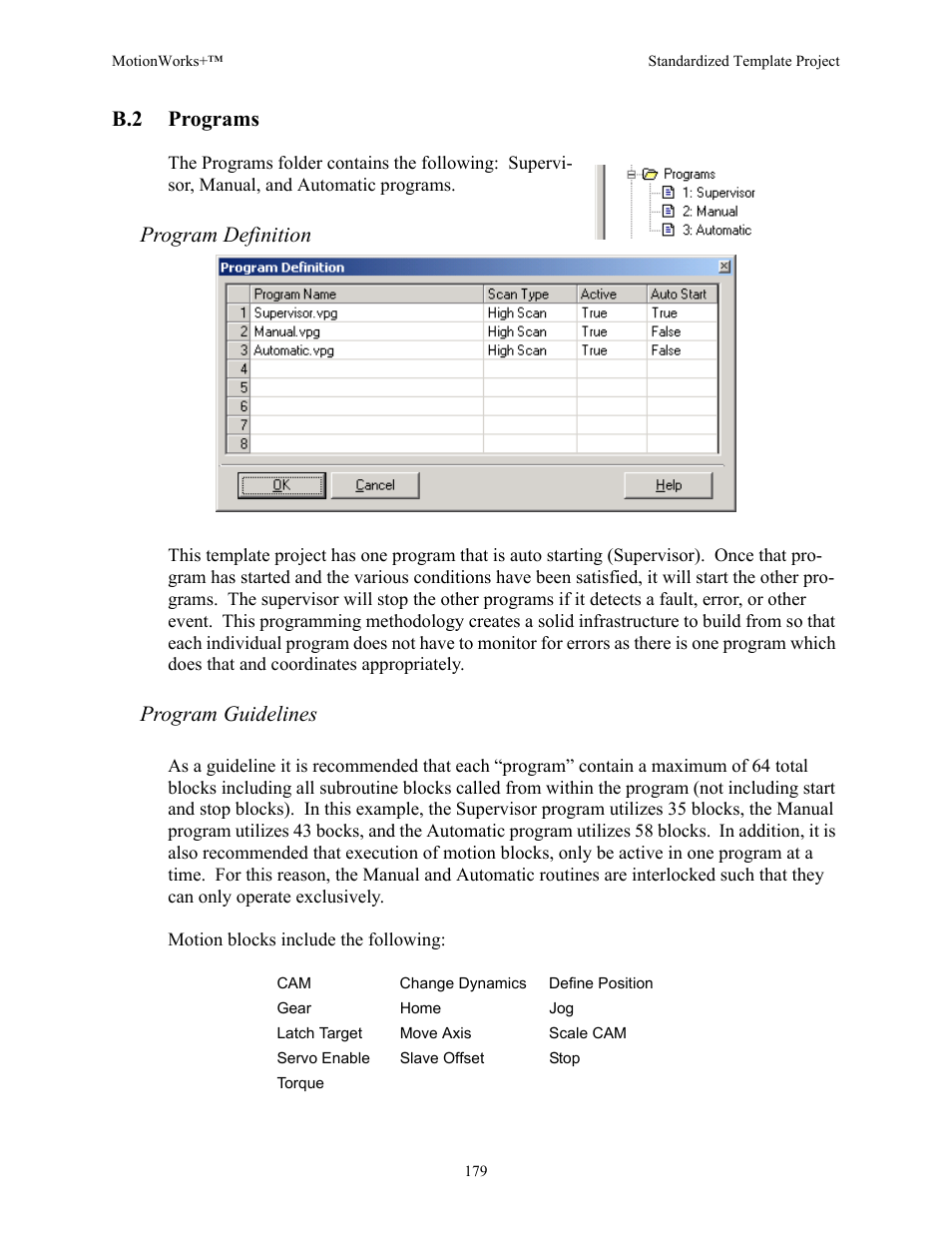 B.2 programs, Program definition, Program guidelines | Programs | Yaskawa MotionWorks+ Windows Software User Manual | Page 185 / 235