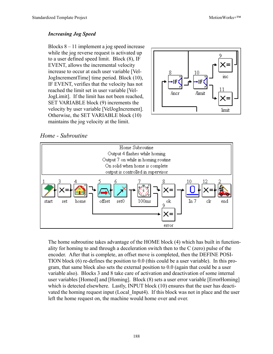 Increasing jog speed, Home - subroutine | Yaskawa MotionWorks+ Windows Software User Manual | Page 194 / 235