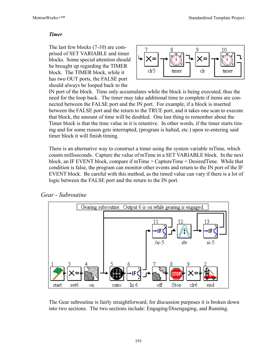 Timer, Gear - subroutine | Yaskawa MotionWorks+ Windows Software User Manual | Page 197 / 235