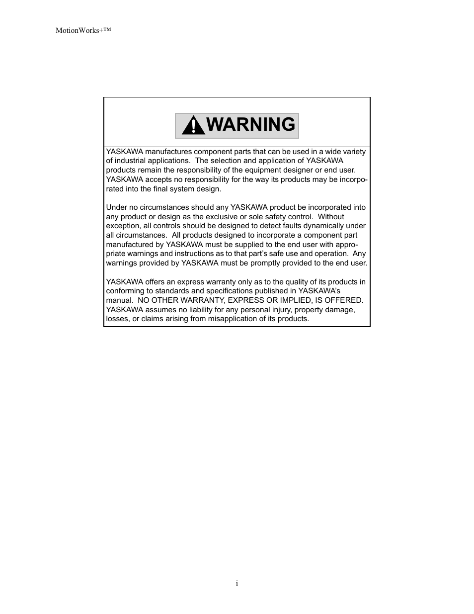 Warning | Yaskawa MotionWorks+ Windows Software User Manual | Page 3 / 235