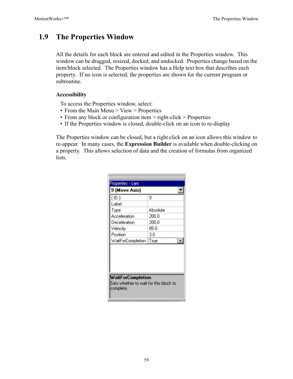 9 the properties window | Yaskawa MotionWorks+ Windows Software User Manual | Page 65 / 235