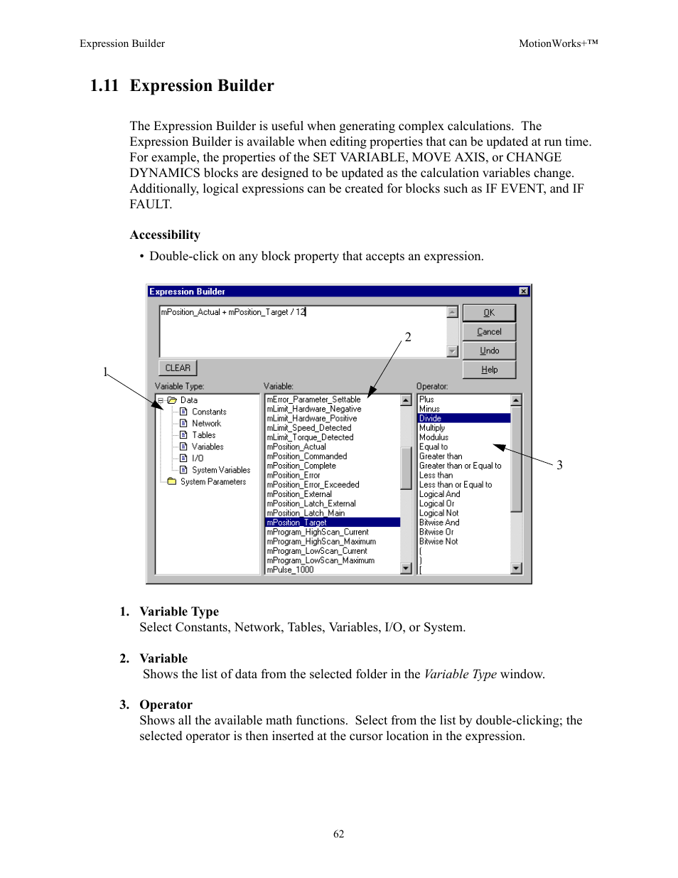 11 expression builder | Yaskawa MotionWorks+ Windows Software User Manual | Page 68 / 235