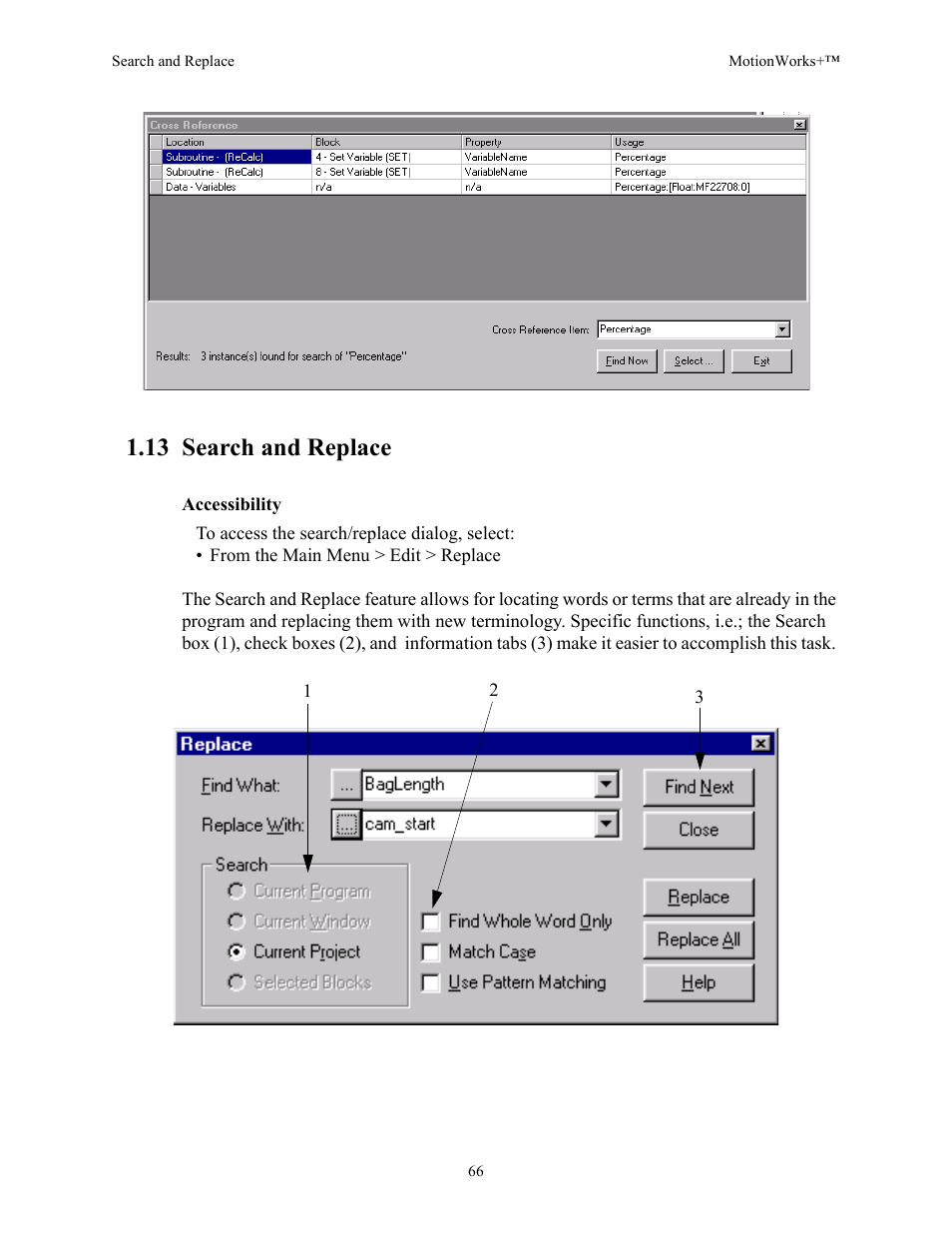 13 search and replace | Yaskawa MotionWorks+ Windows Software User Manual | Page 72 / 235