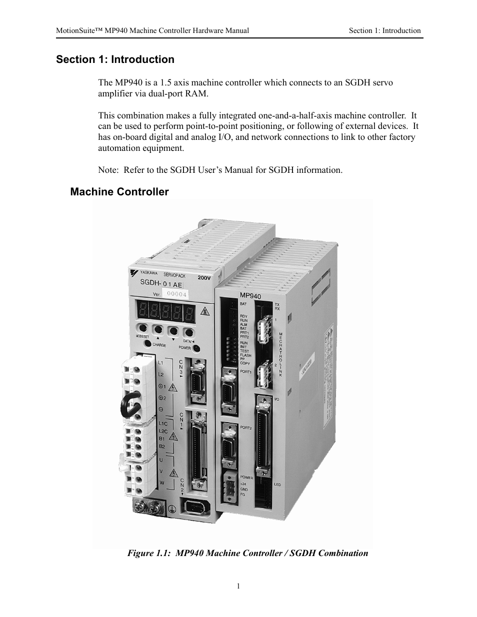 Section 1: introduction, Machine controller | Yaskawa MP940 Hardware Manual User Manual | Page 4 / 72