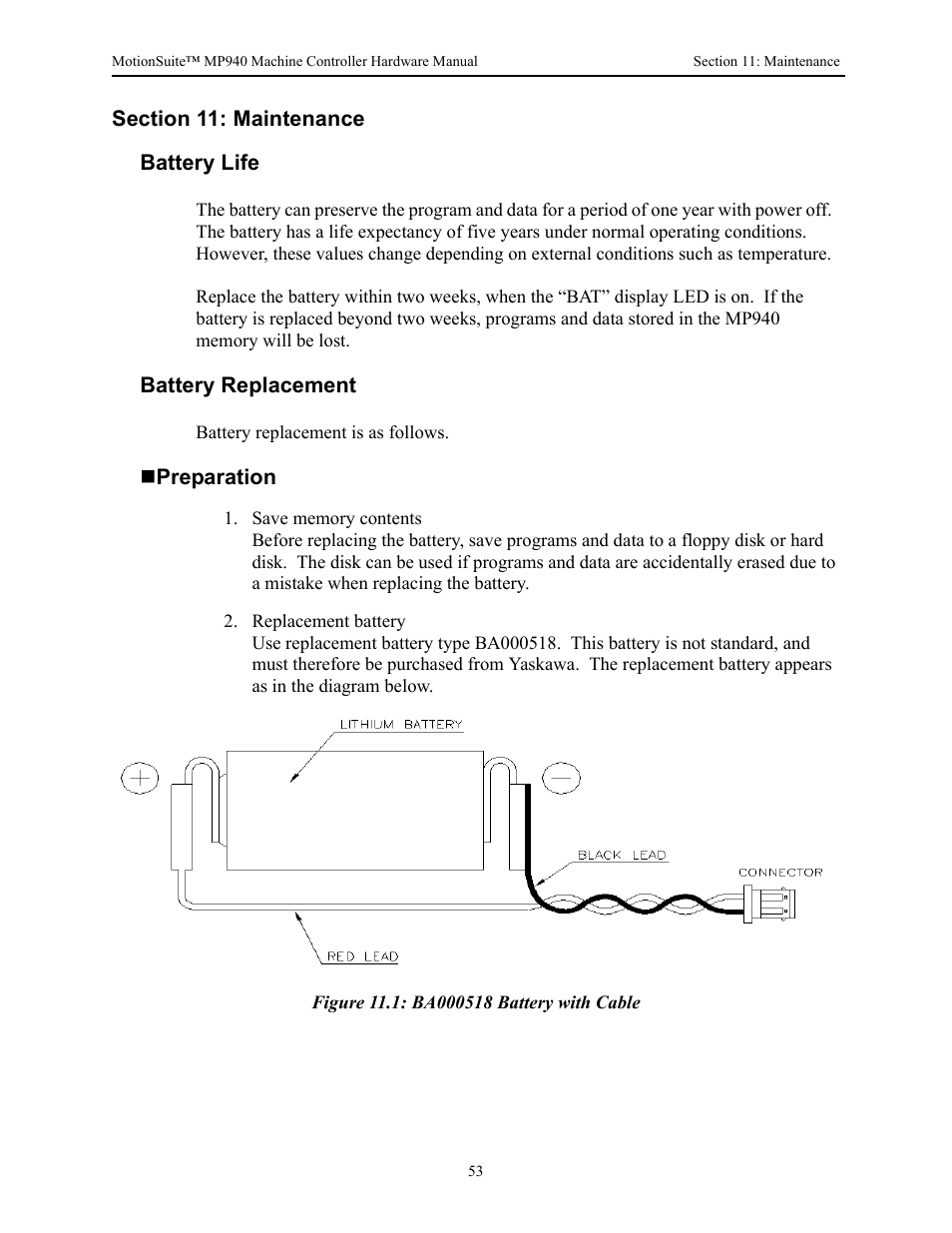 Section 11: maintenance, Battery life, Battery replacement | Preparation | Yaskawa MP940 Hardware Manual User Manual | Page 56 / 72