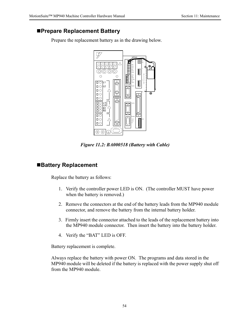 Prepare replacement battery, Battery replacement | Yaskawa MP940 Hardware Manual User Manual | Page 57 / 72