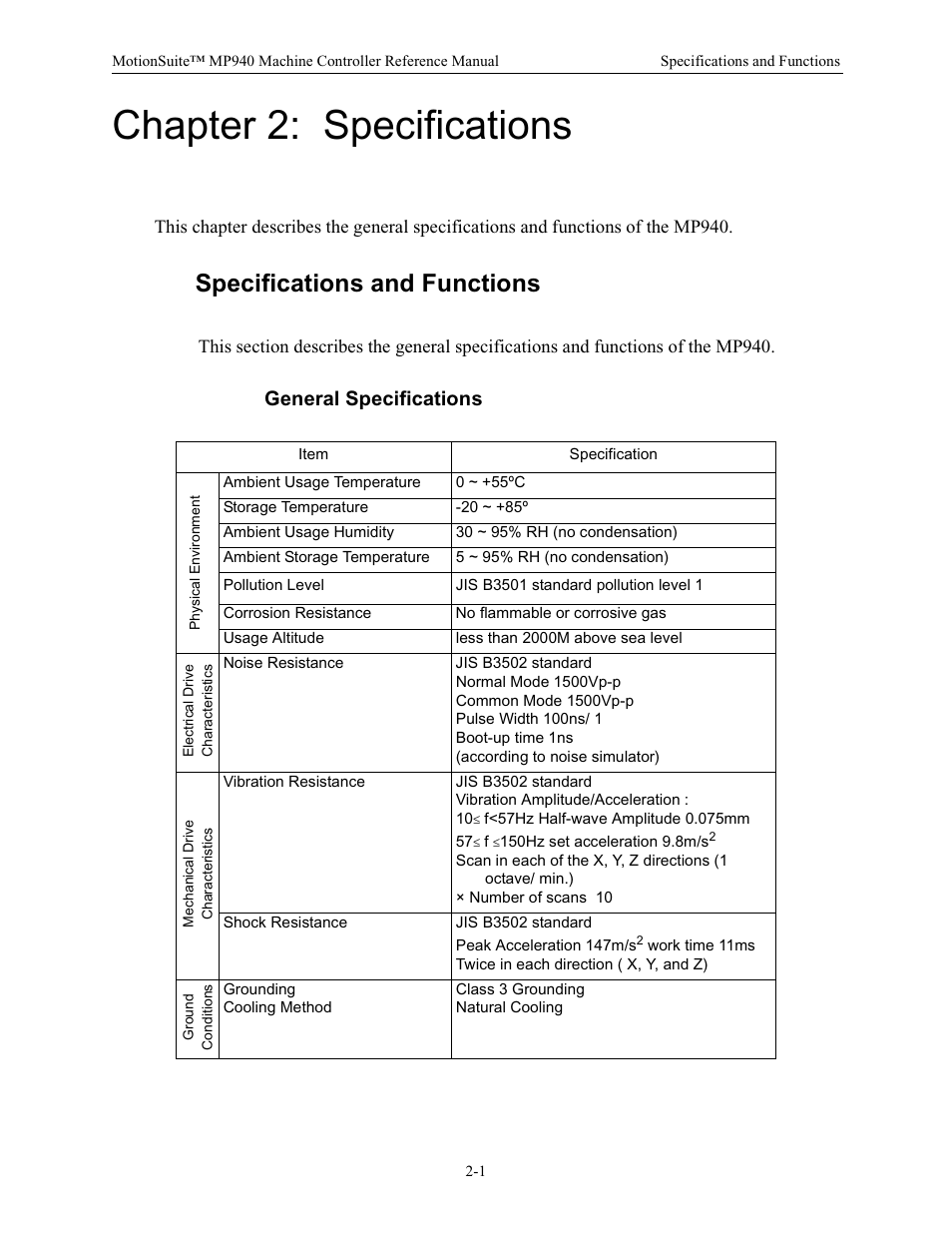Chapter 2: specifications, Specifications and functions, General specifications | Yaskawa MP940 Reference Manual User Manual | Page 11 / 525