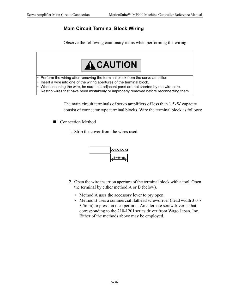 Main circuit terminal block wiring, Caution | Yaskawa MP940 Reference Manual User Manual | Page 178 / 525