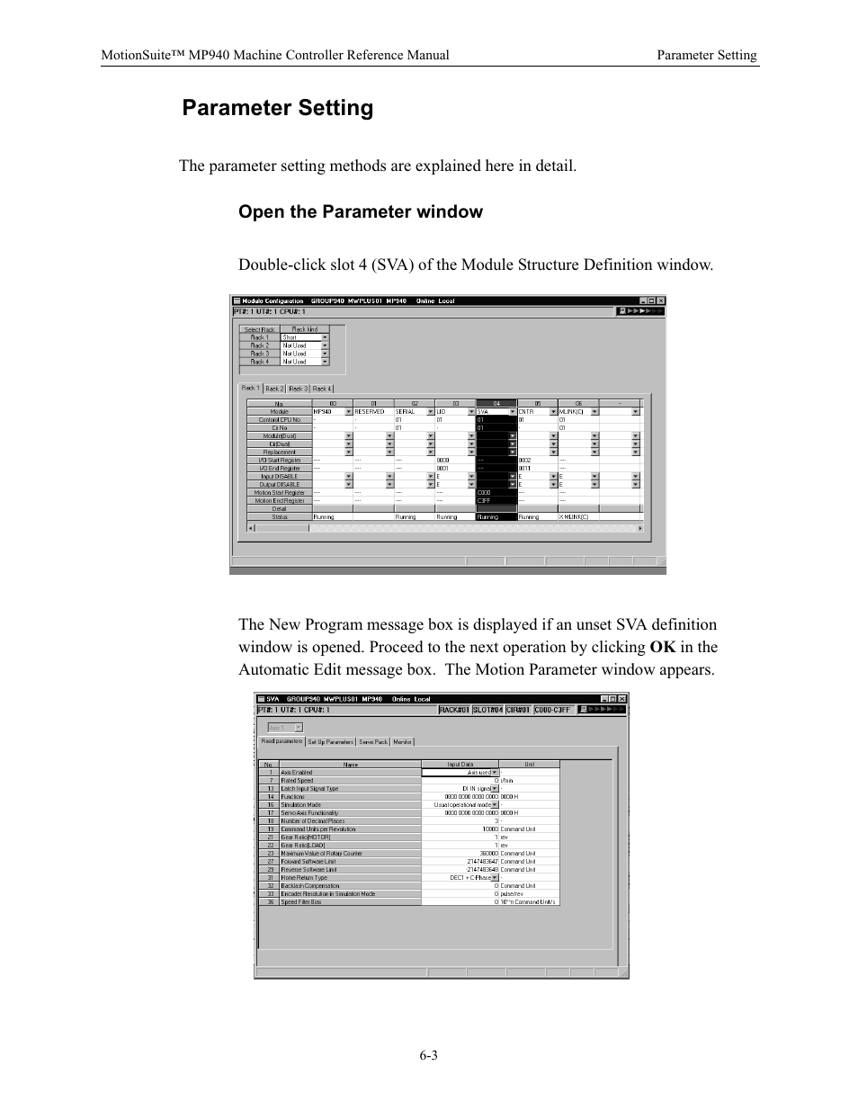 Parameter setting, Open the parameter window | Yaskawa MP940 Reference Manual User Manual | Page 203 / 525