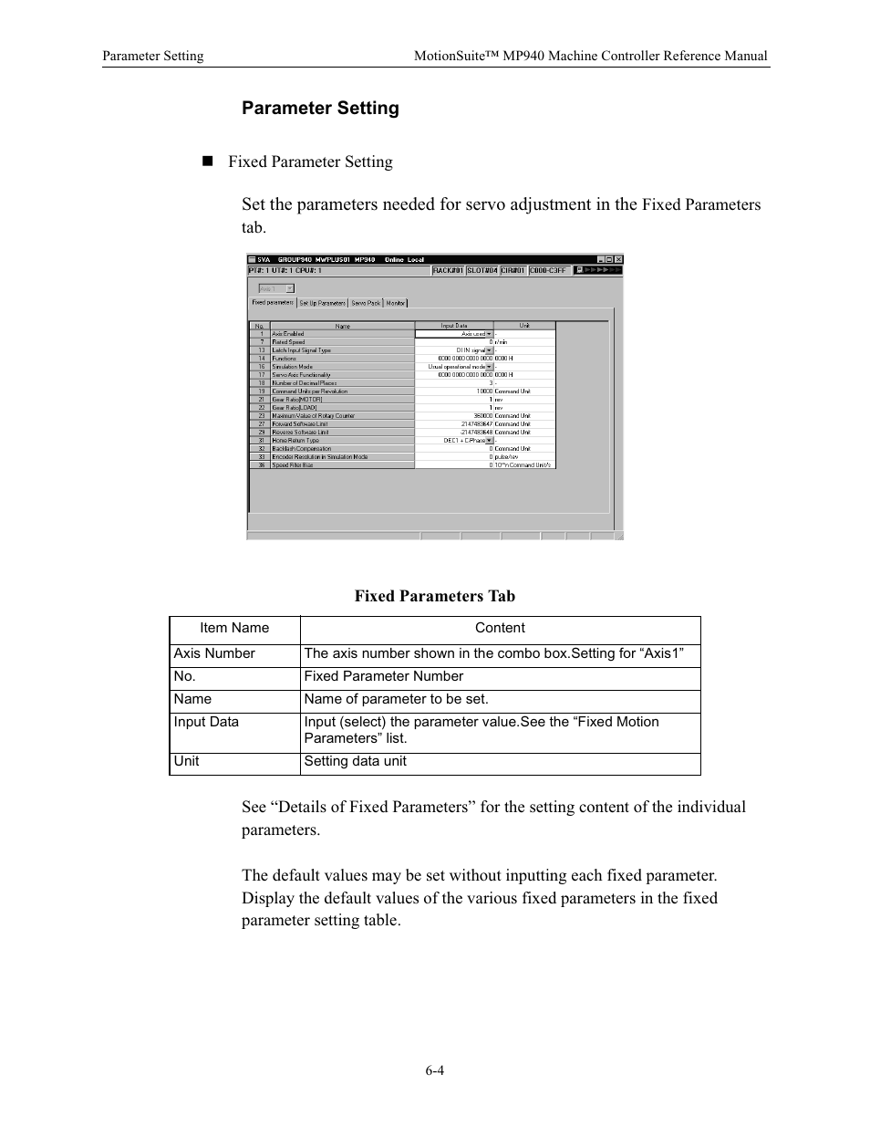 Parameter setting, Fixed parameters tab | Yaskawa MP940 Reference Manual User Manual | Page 204 / 525