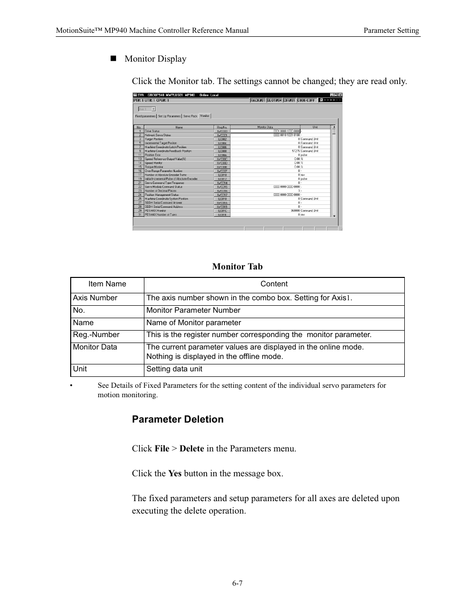 Monitor tab, Parameter deletion | Yaskawa MP940 Reference Manual User Manual | Page 207 / 525
